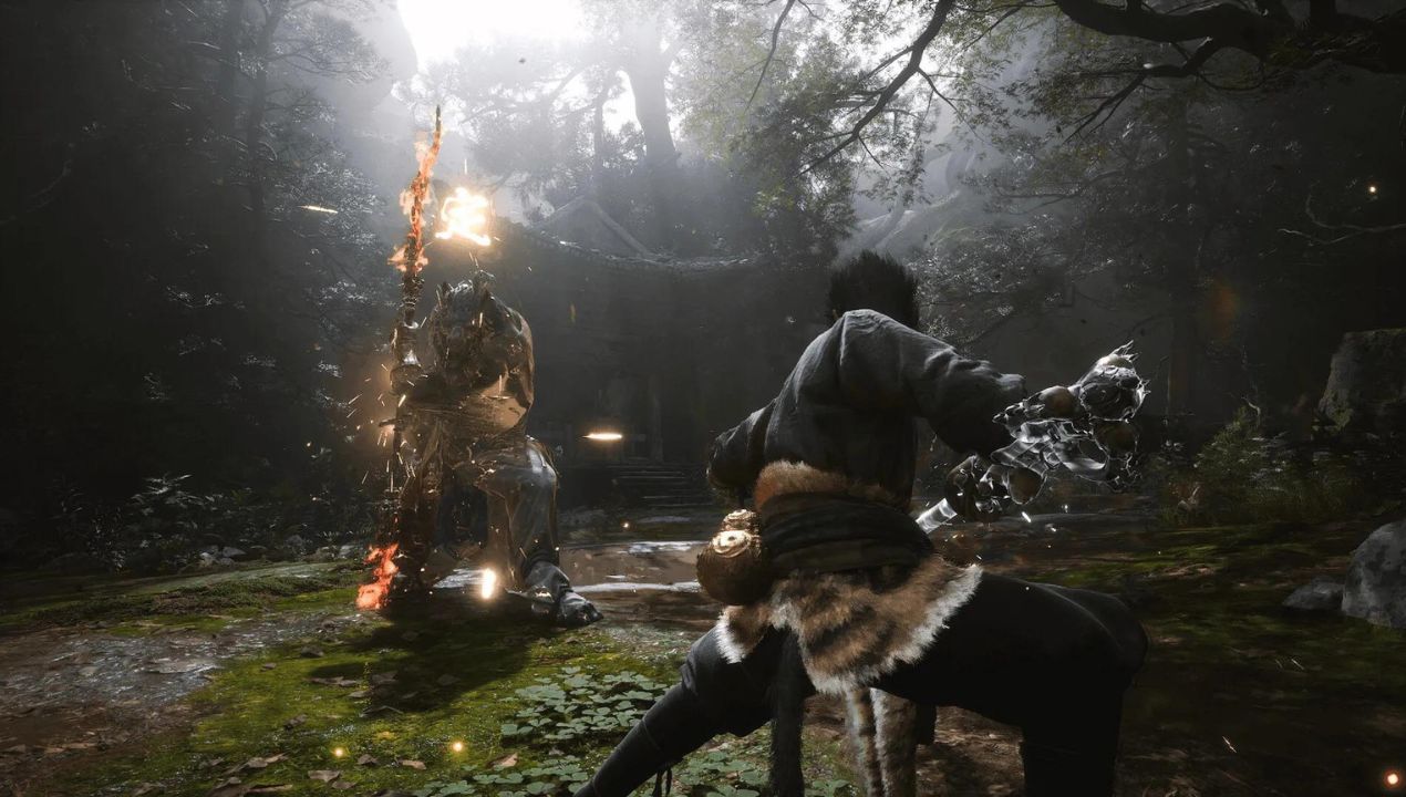 De Uitverkorene met zijn staf tegenover een mythische baas in Black Myth: Wukong