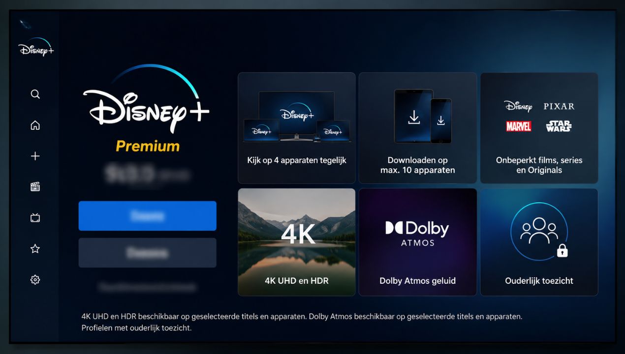 De pagina van Disney+ waarop 4K nog altijd bij het Premium-abonnement wordt genoemd