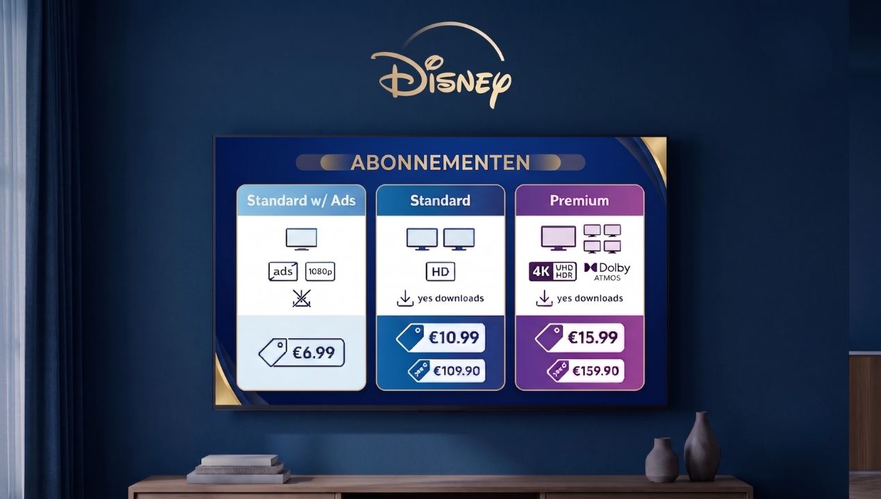 Overzicht van de drie abonnementen van Disney+ met bij Premium de vermeldingen 4K, UHD HDR en Dolby Atmos