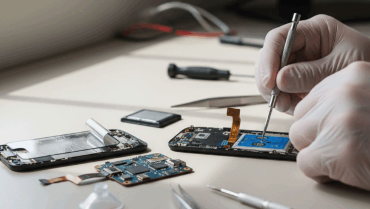 Iemand repareert een opengeschroefde smartphone met gereedschap op tafel
