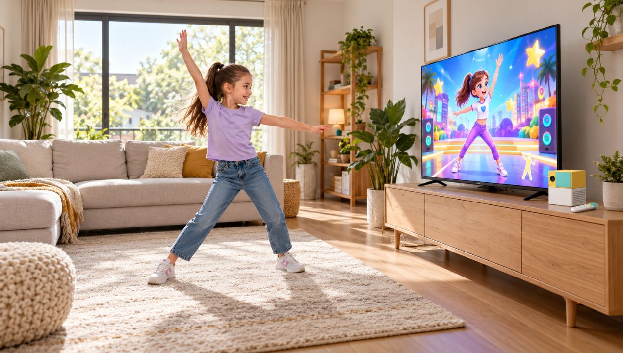 Illustratie van een meisje dat voor de televisie een bewegingsspel speelt